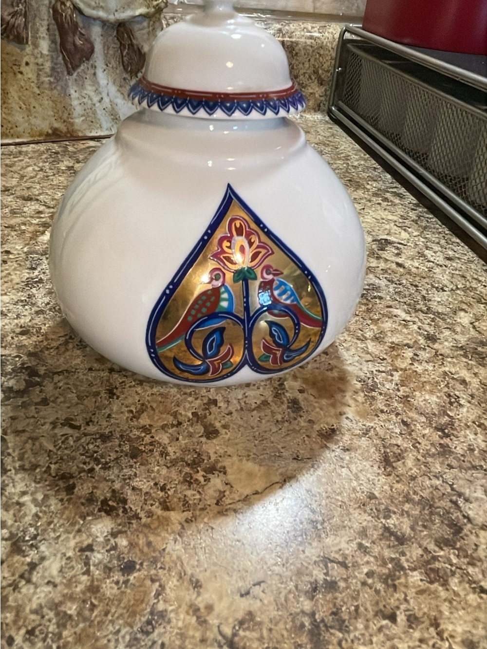 White Ceramic Decorative Jar with Multicolor Accent MADE FOR ELIZABETH ARDEN